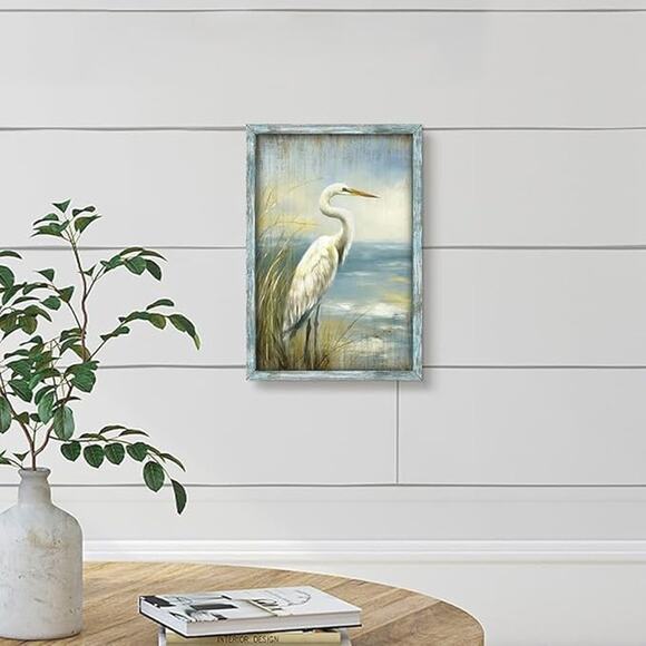 Coastal Heron Framed Wood Print 11'x16" Wall Art Beach Seascape Artwork Seashore - Picture 14 of 16